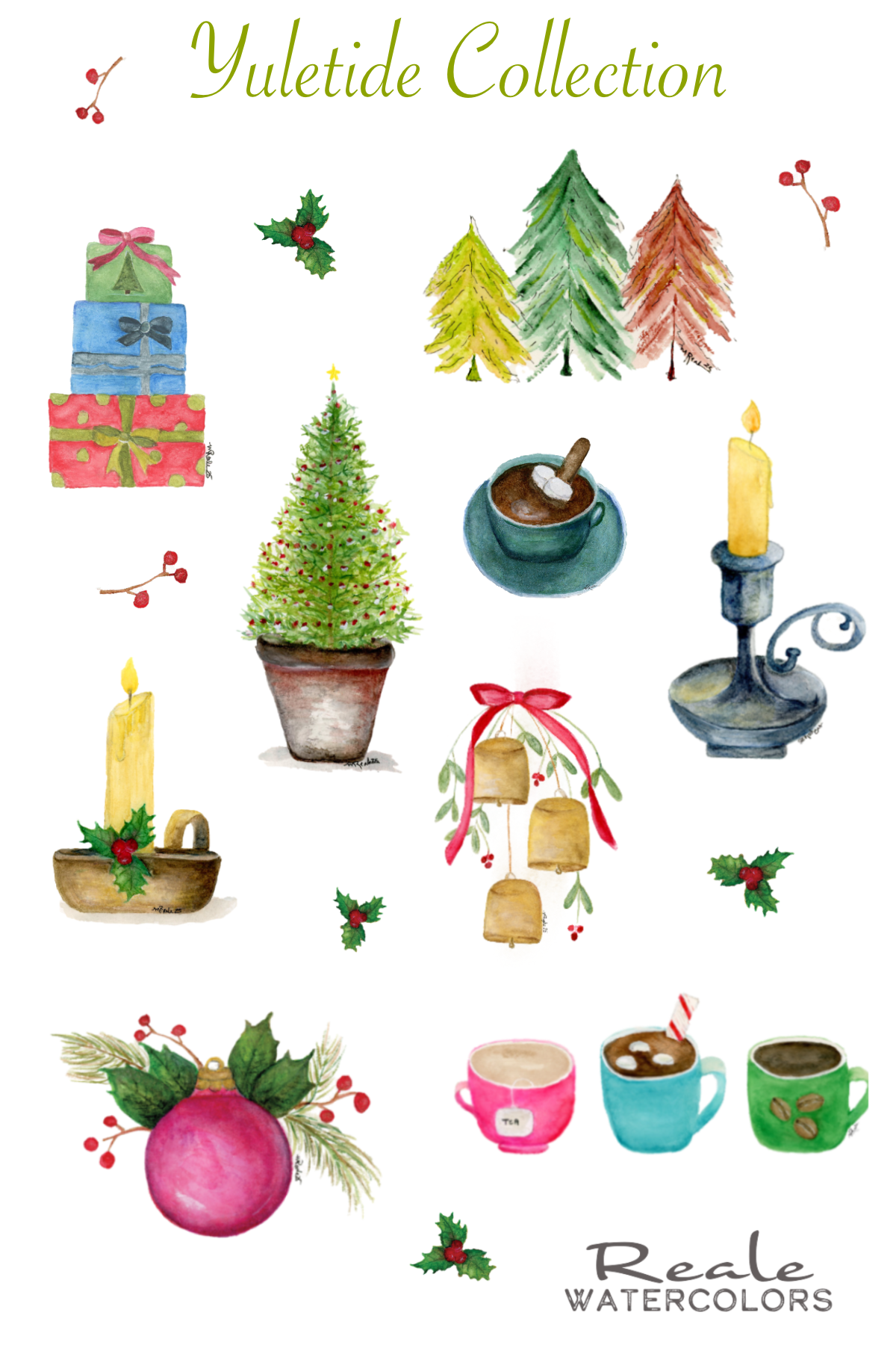 Watercolor illustration titled 'Yuletide Collection' featuring Christmas trees, wrapped gifts, candles, mugs with hot beverages, holly, bells, a Christmas ornament, and festive holly berries and leaves.