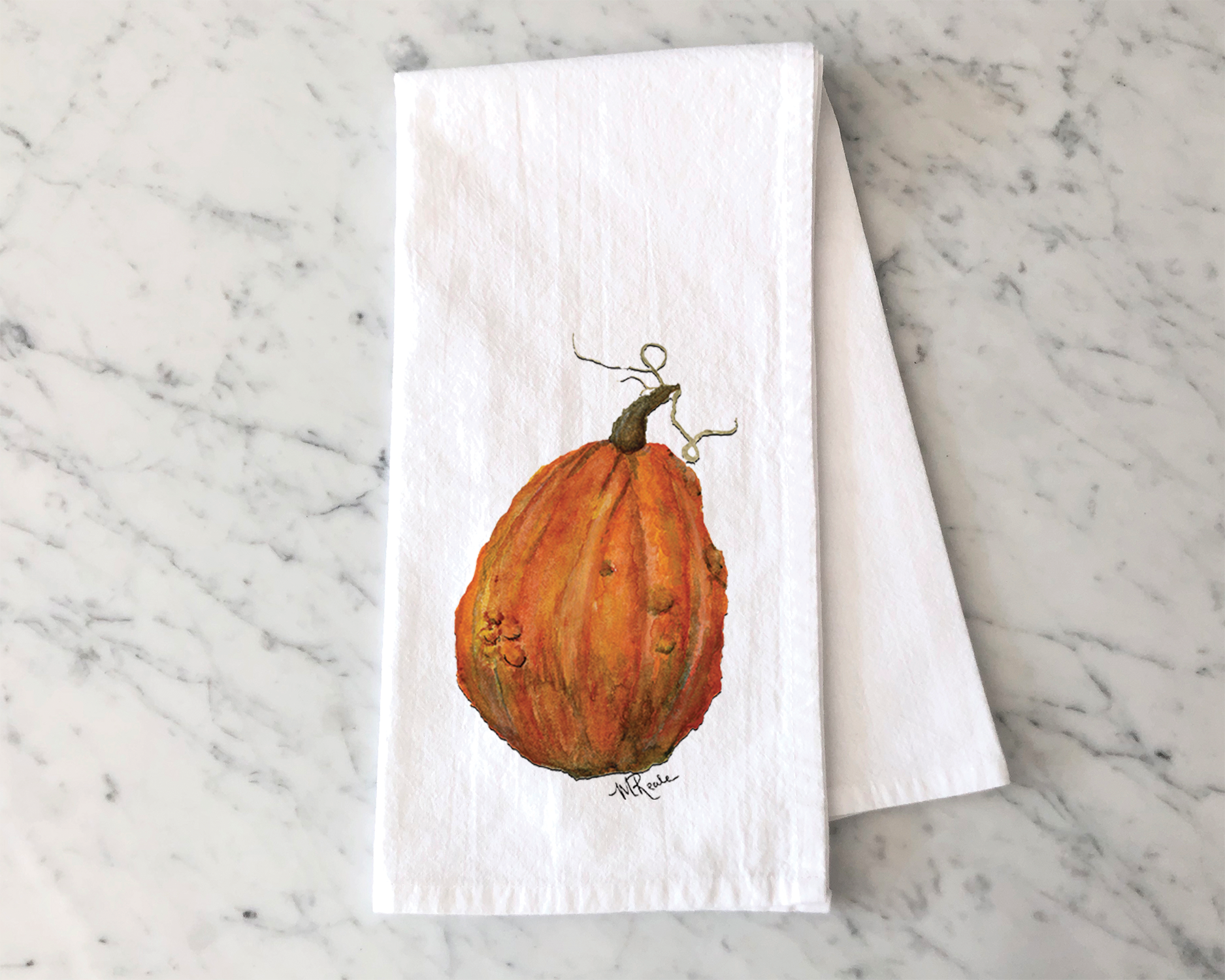 A watercolor painting of an orange pumpkin with greenish-brown stem on a white textured paper.