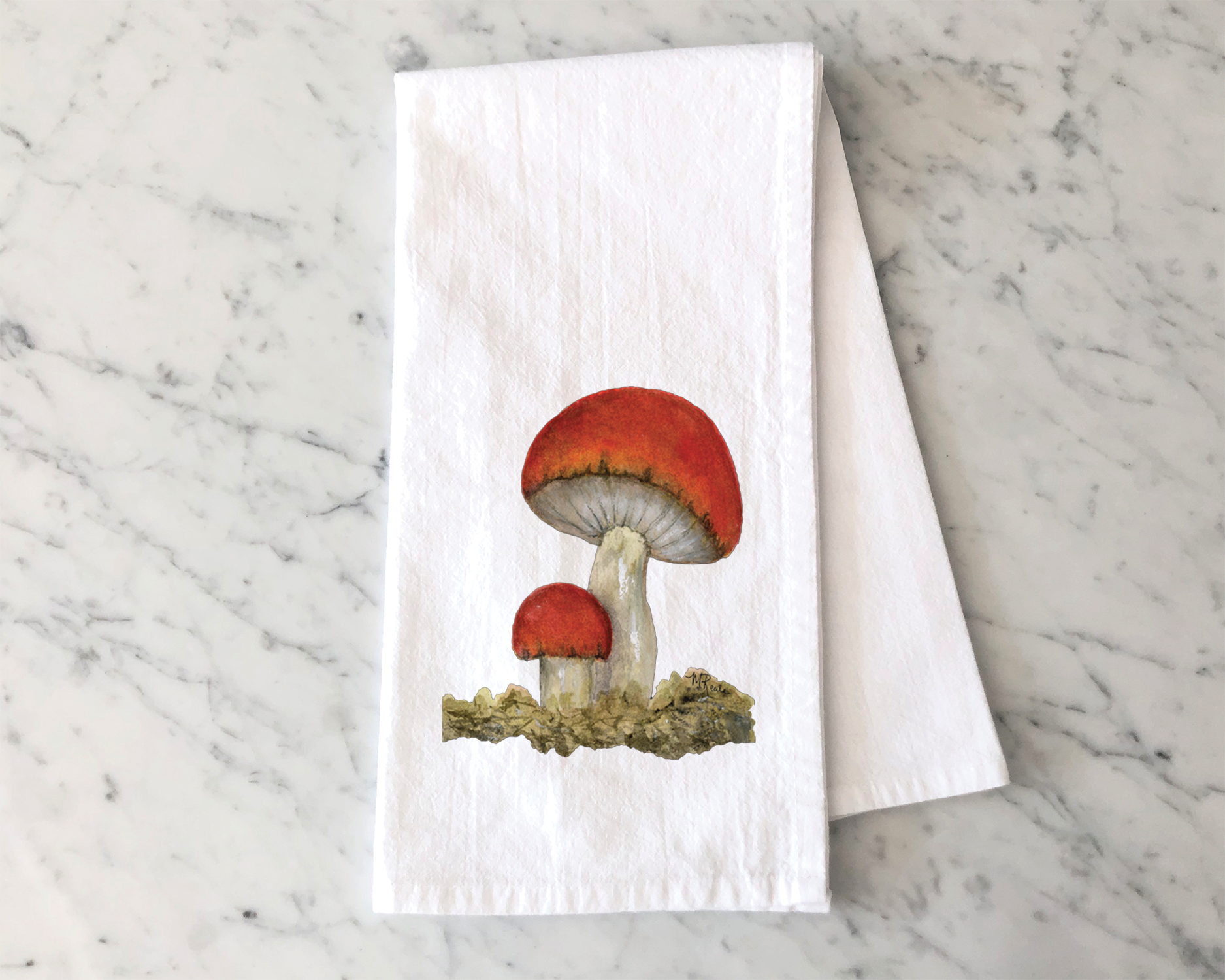 Illustration of three red mushrooms growing from soil with green moss, set against a marble background.