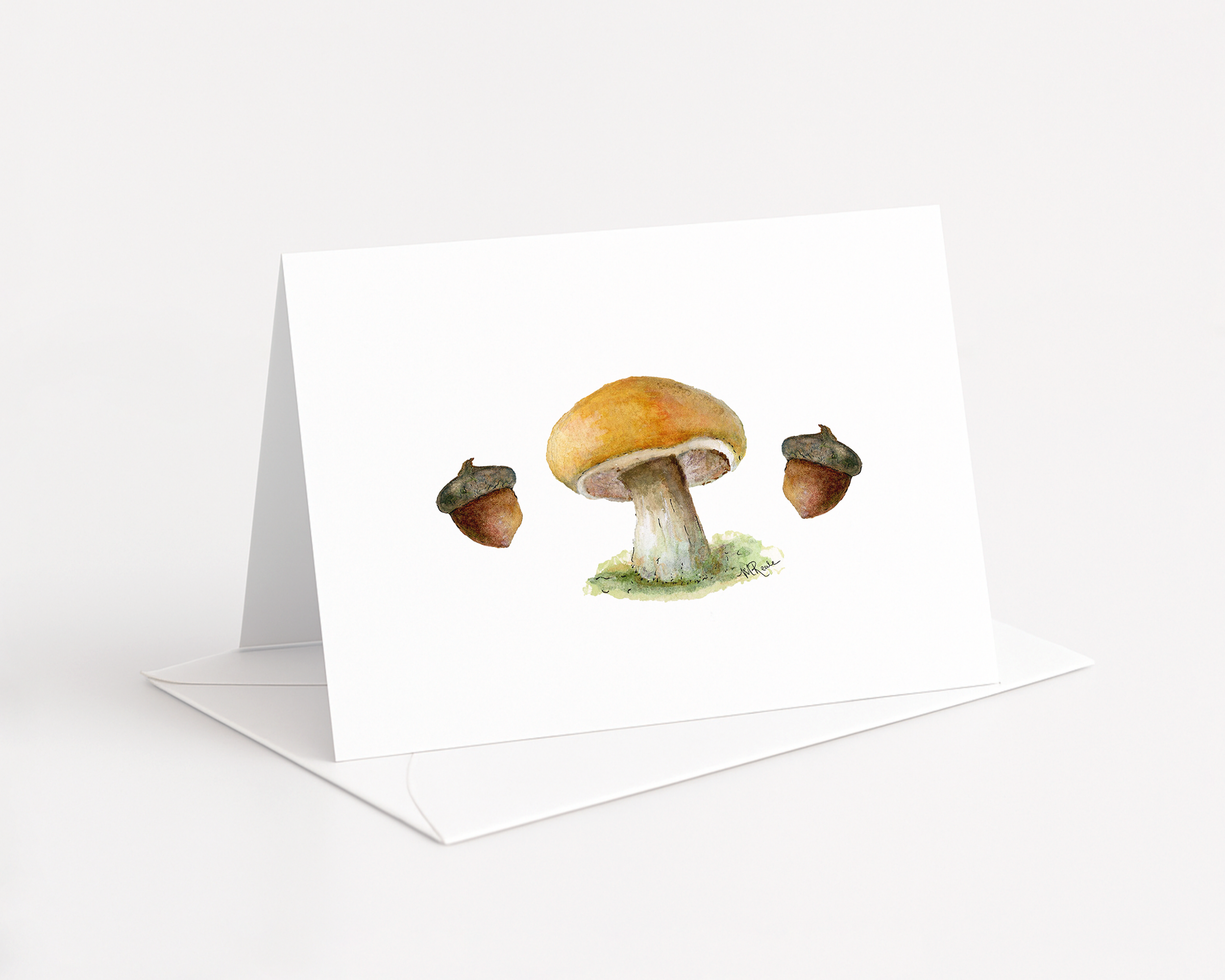 A watercolor illustration of three mushrooms on a piece of paper, on a white background.