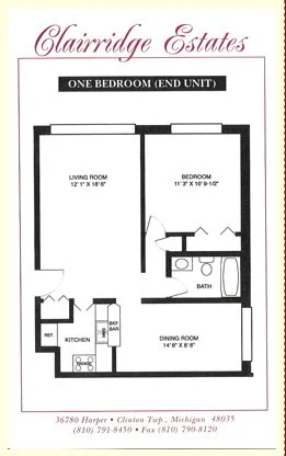 Floor plan of a one-bedroom apartment atclairridge Estates with a living room, bedroom, kitchen, bathroom, and dining room. Address and contact information included.