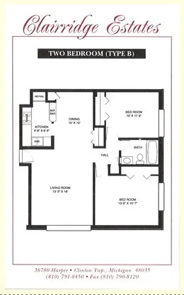 Floor plan of a two-bedroom apartment at Clairidge Estates, Chula Vista, Michigan. Includes living room, dining area, kitchen, two bedrooms, bathroom, and hall.