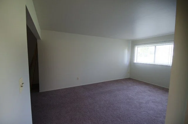 Empty living room with white walls, a large window, and purple carpet.
