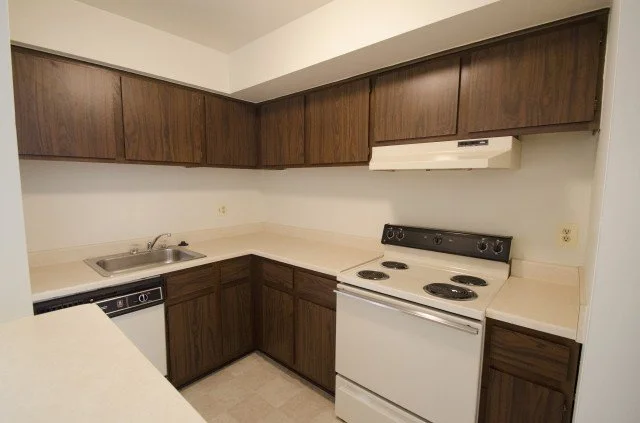 Kitchen with dark wood cabinets, white countertops, a sink, electric stove, and range hood.