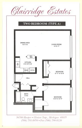 Floor plan of a two-bedroom apartment at Clairridge Estates with a dining area, living room, kitchen, hall, bathroom, and two bedrooms.