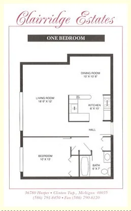 Floor plan of a one-bedroom apartment at Claridge Estates, including a living room, dining room, kitchen, bedroom, and bathroom.