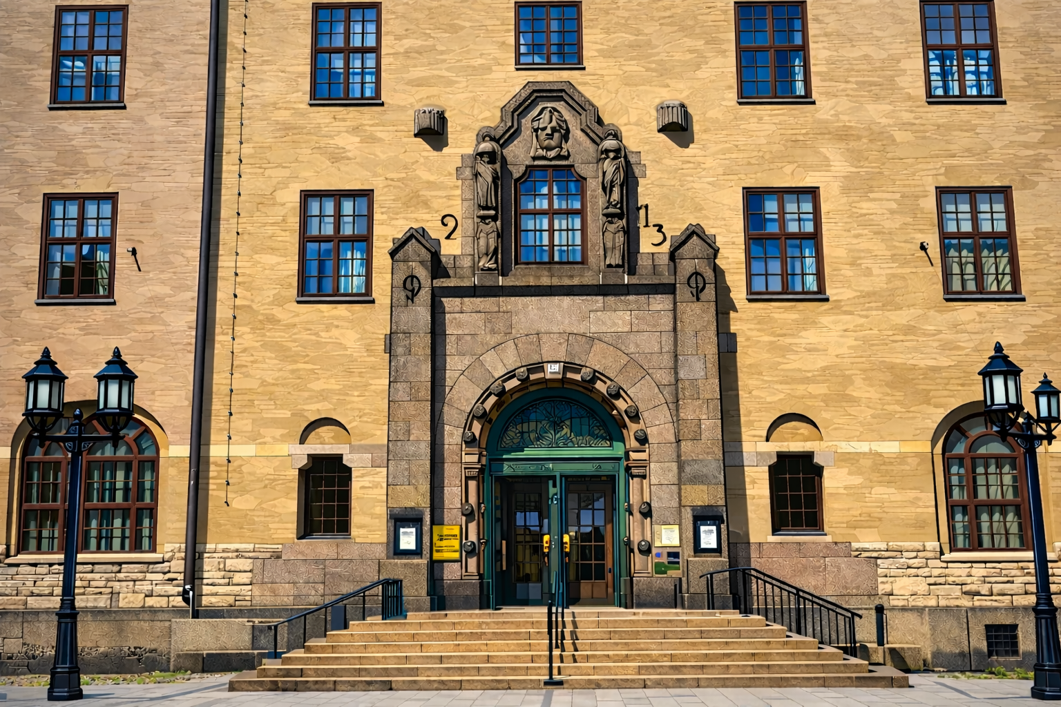 Court house front, doors and steps.