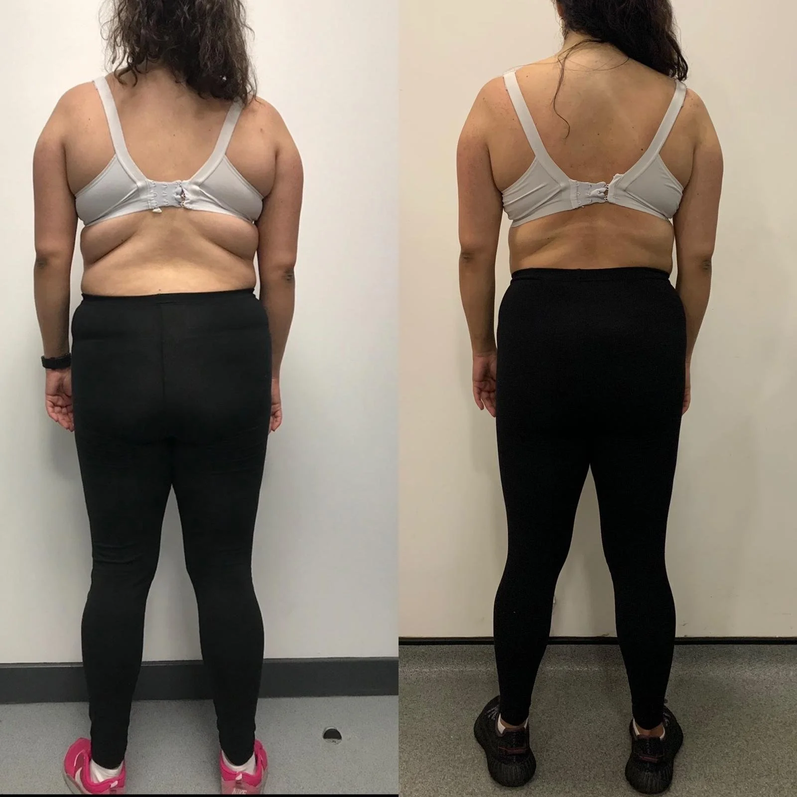 Side-by-side comparison of a woman before and after weight loss. She is wearing black leggings and a beige sports bra in both images, standing against a plain wall. In the before photo, she appears to have more body fat, especially around her back and waist. In the after photo, she has a slimmer silhouette with more defined waist and back contours.