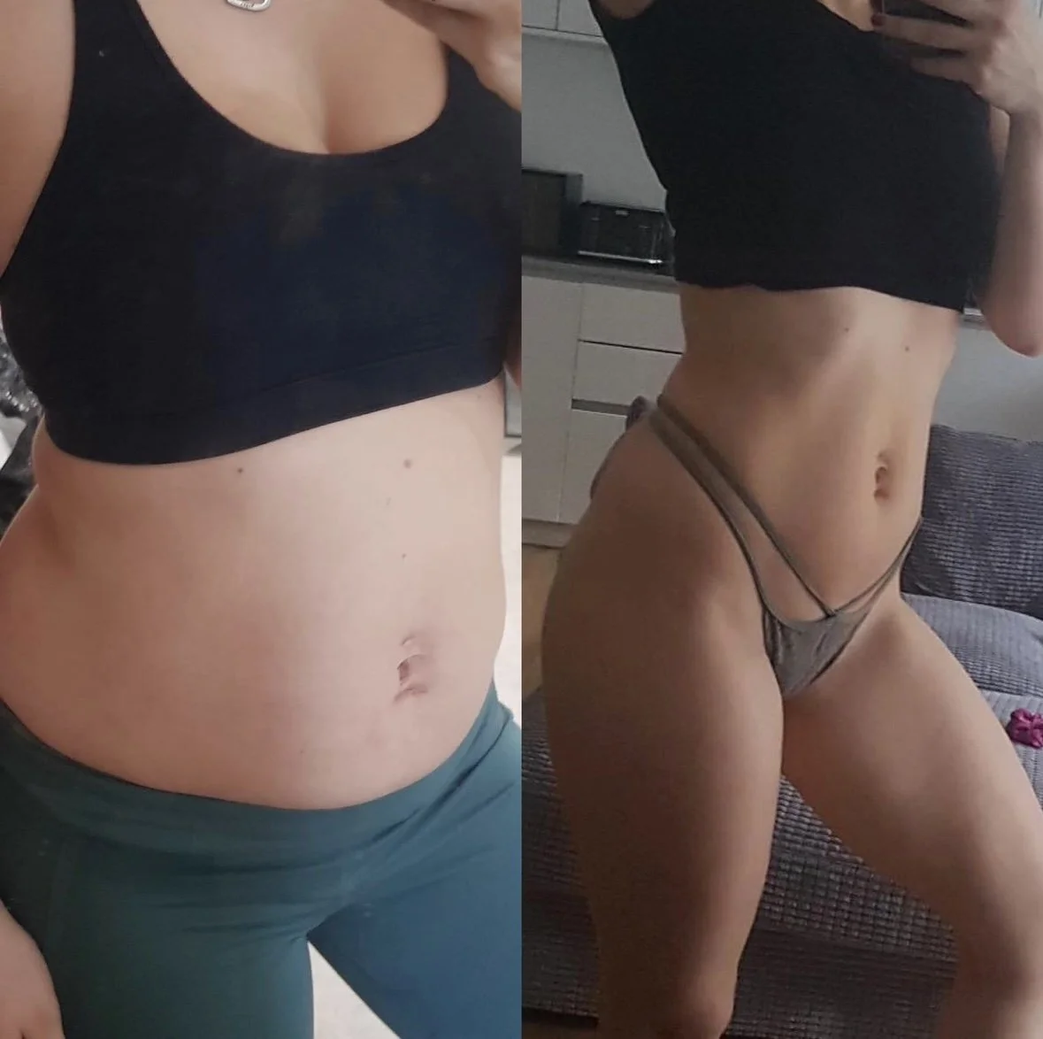 Side-by-side comparison of a woman's midsection before and after fitness transformation showing a more toned and slimmer stomach.