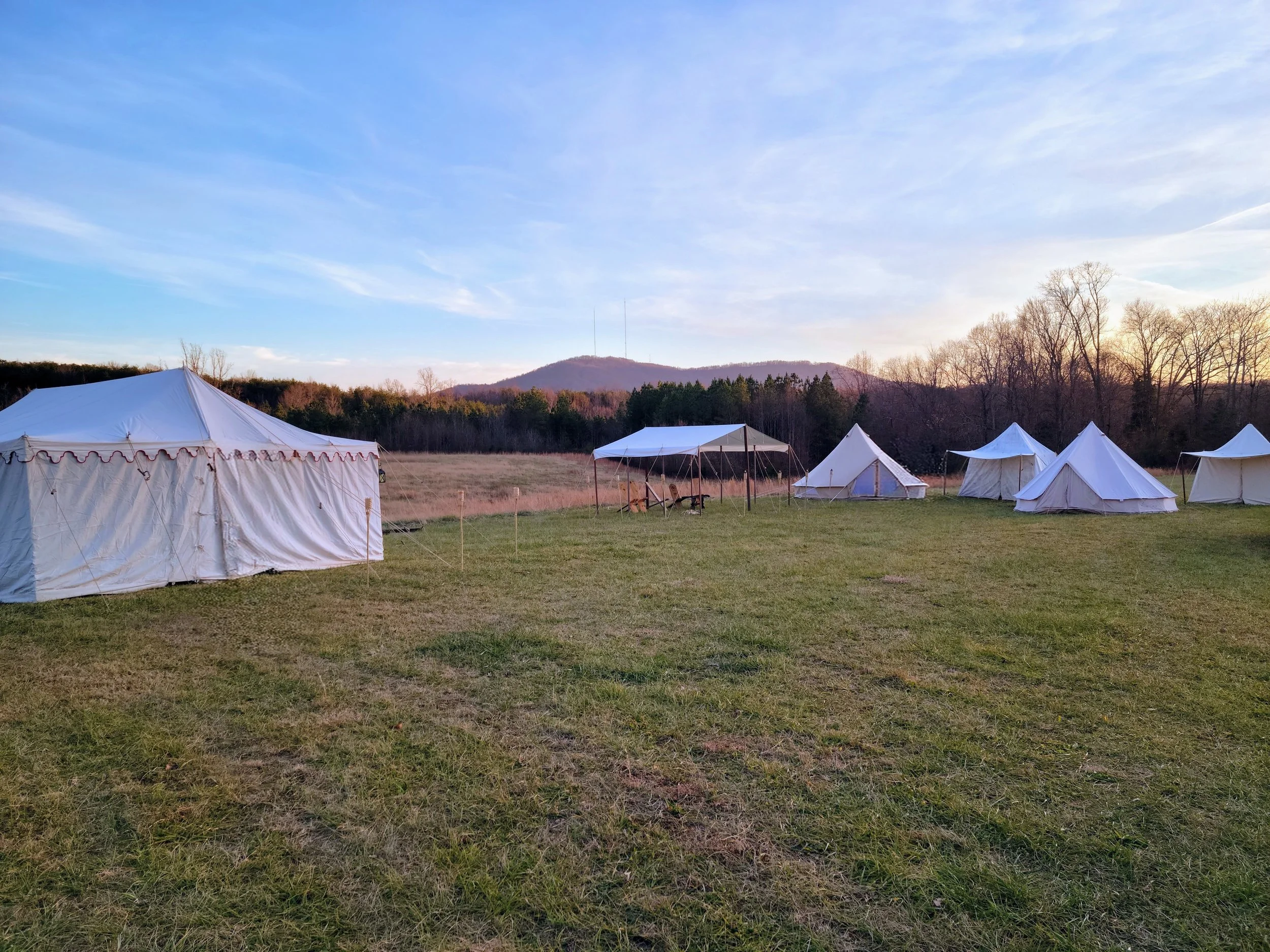 Multiple white tents set up on a grassy field with a backdrop of trees and a mountain under a blue sky.