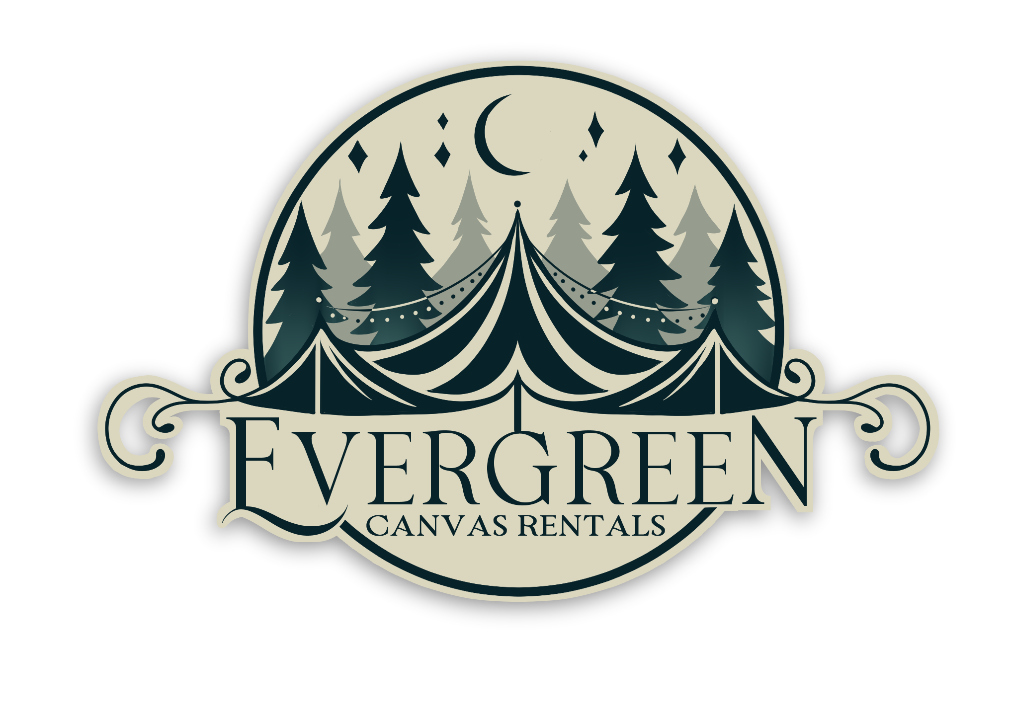 Logo for Evergreen Canvas Rentals featuring a circle with a camping tent, pine trees, a crescent moon, and stars in a forest scene