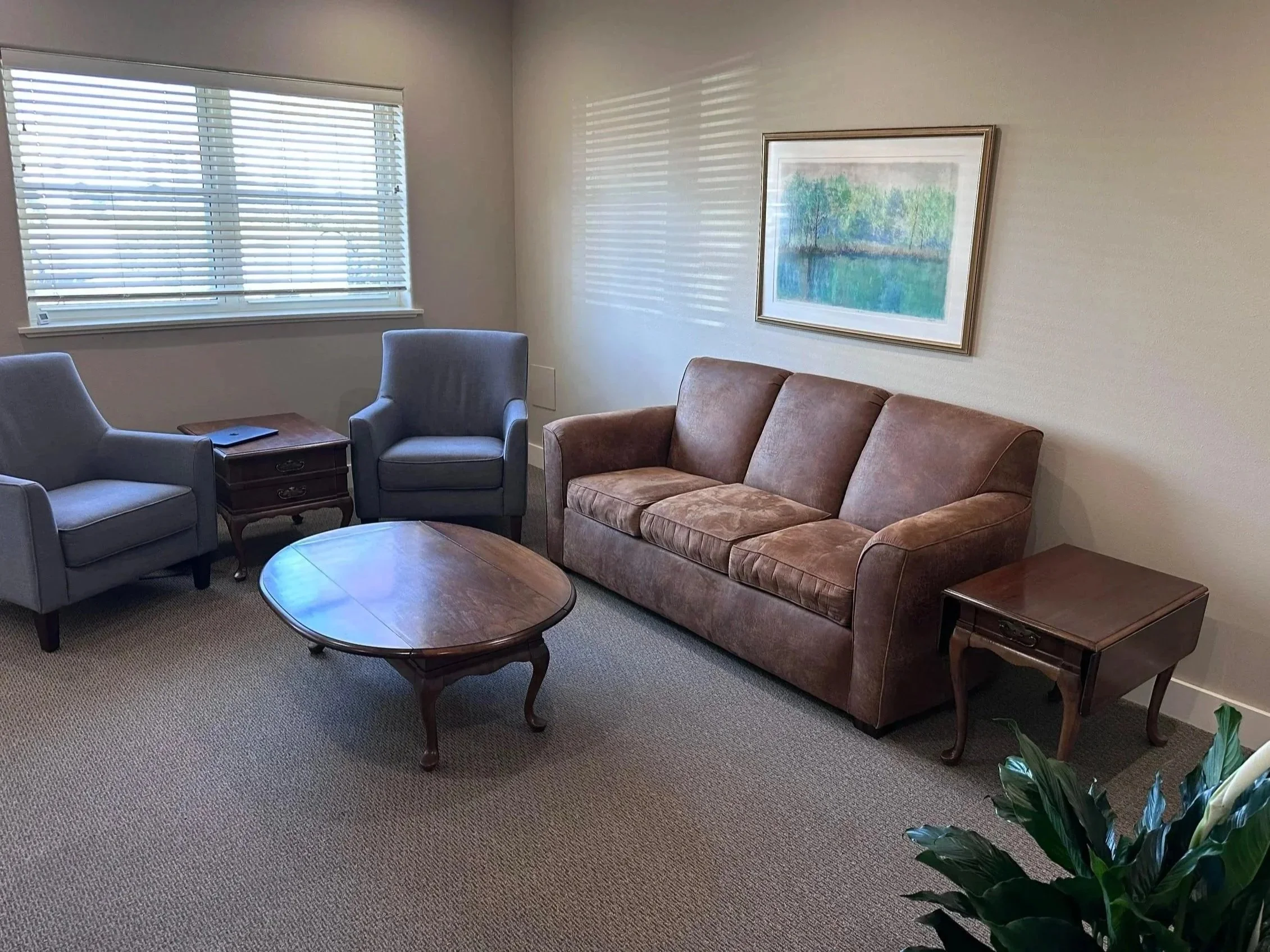 Living room with large window with blinds, tan couch, blue armchair, dark wooden coffee table, and framed landscape artwork on beige wall, carpeted floor, and potted plant in foreground.