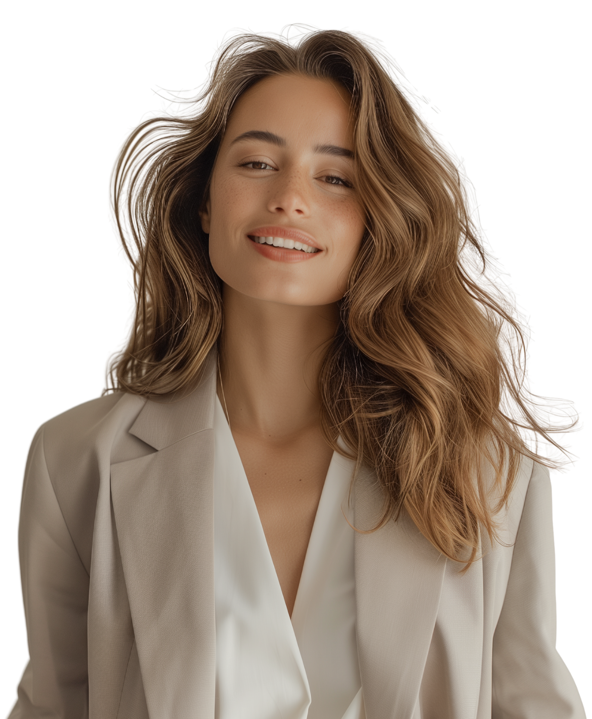 A young woman with long, wavy light brown hair smiling at the camera, wearing a white blouse and a beige blazer.