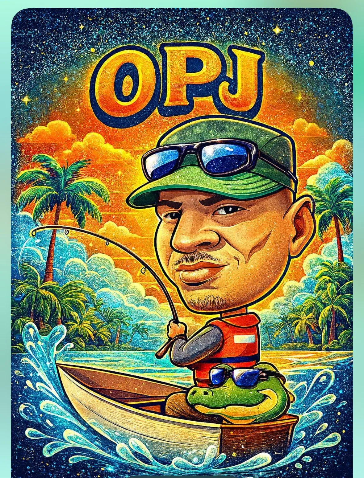 Caricature of a man fishing in a boat with a crocodile, against a tropical background with palm trees, clouds, and starry sky, with the acronym OPJ above.