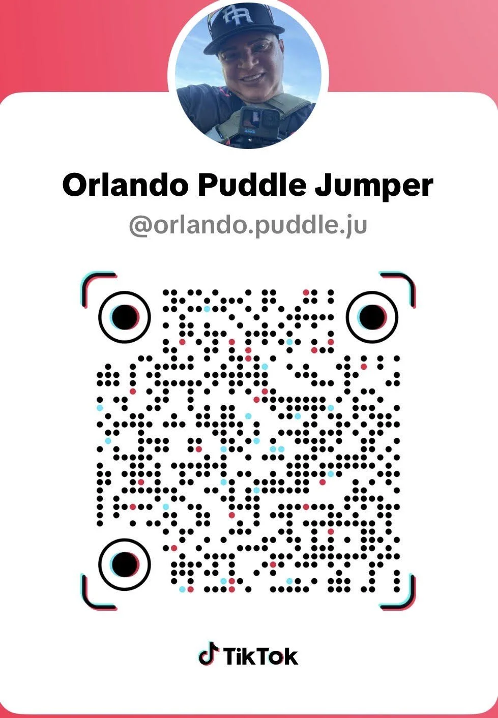 TikTok profile card for Orlando Puddle Jumper, showing a photo of a smiling man wearing a hat, with a QR code below and TikTok logo at the bottom.