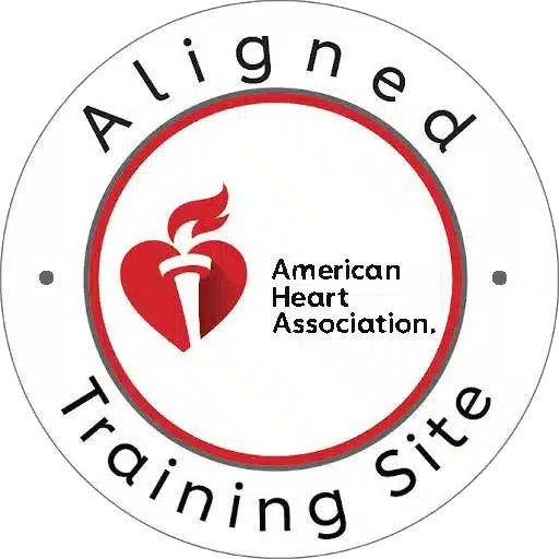 Logo for the American Heart Association with text indicating 'Aligned Training Site' surrounding the heart and torch symbol.