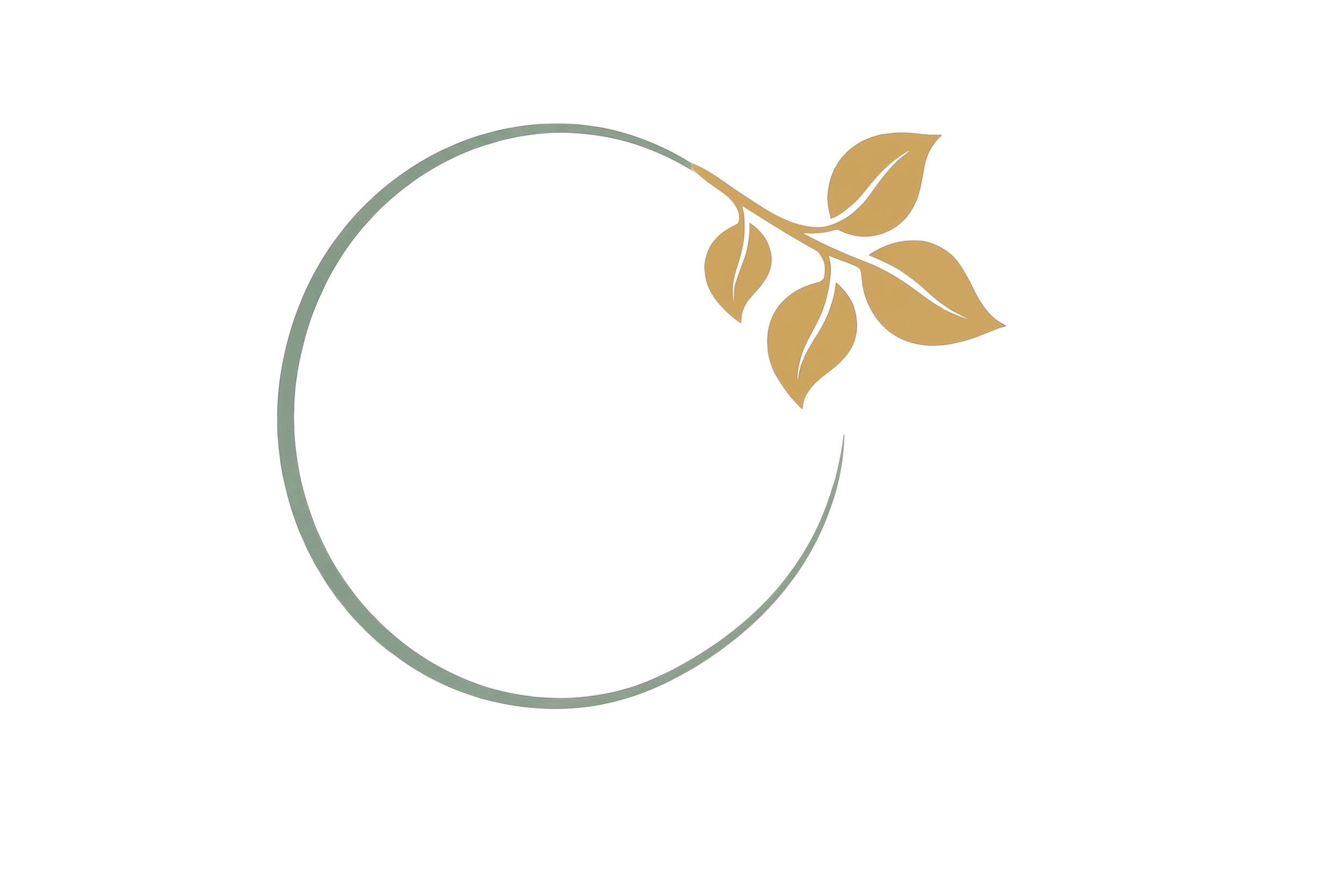 A digital 3D illustration of a circular object with a metallic frame, gold-colored leaves, and colored strips in blue, gray, and beige.