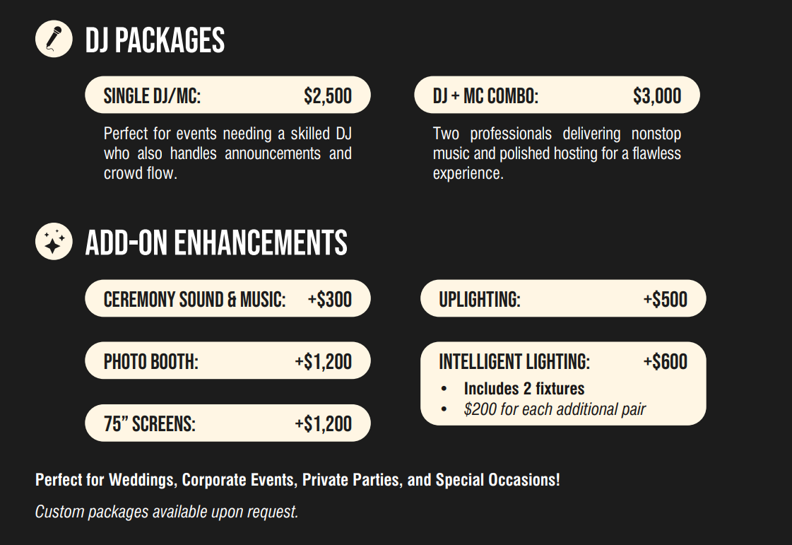 DJ Packages pricing list on black background, offering options for single DJ or DJ + MC combo, and add-on enhancements such as ceremony sound, photo booth, screens, uplighting, and intelligent lighting for various events.