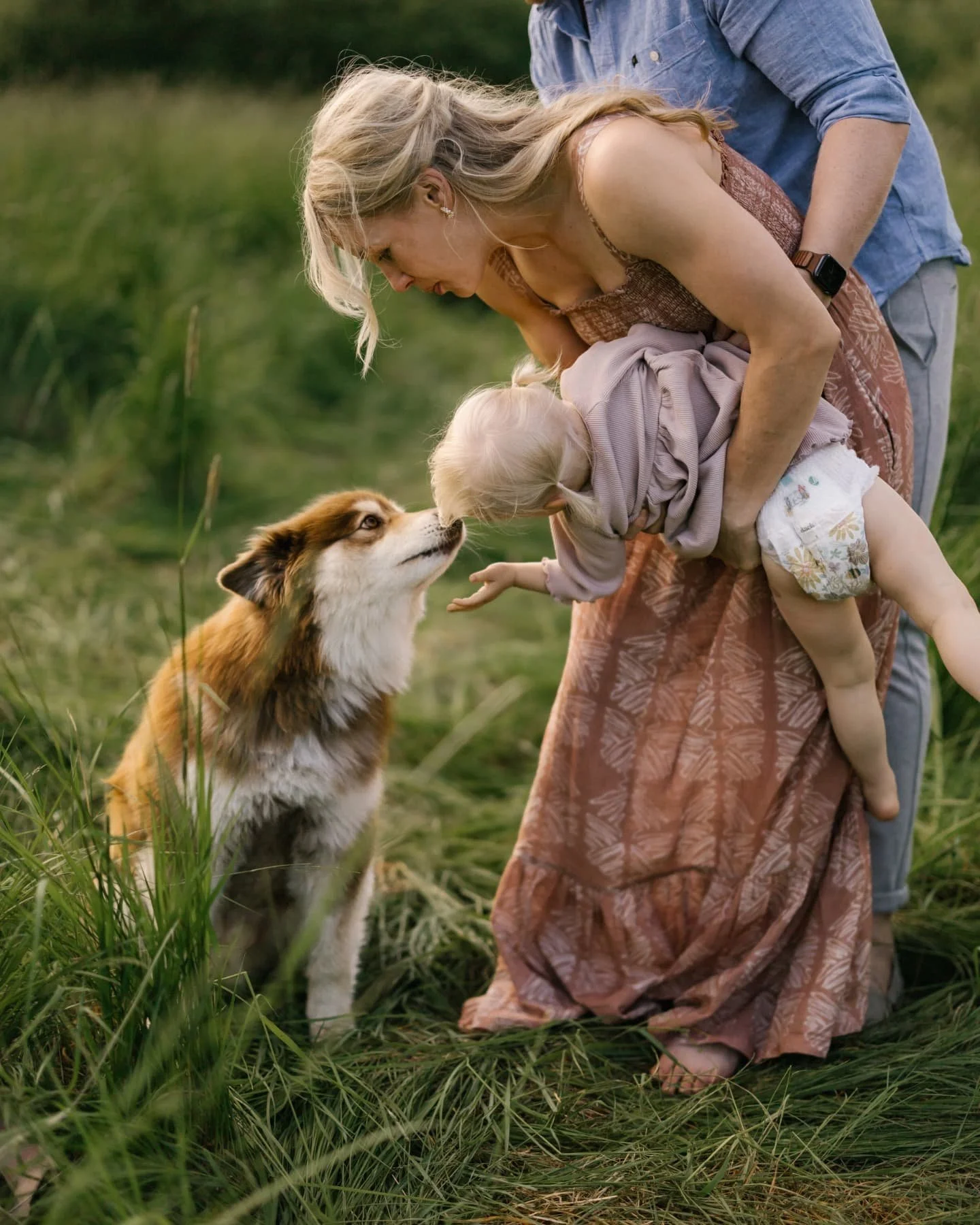 A woman and a little girl are outdoors in a grassy field, engaging with a brown and white puppy. The woman is bending over, holding the girl who is reaching out to the puppy, which is looking up at them.