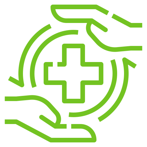 Green icon of two hands holding a circle with a medical cross inside.