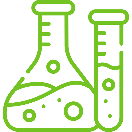 Green outline illustration of two laboratory glassware: a round-bottom flask and a test tube, with liquid inside and bubbles.