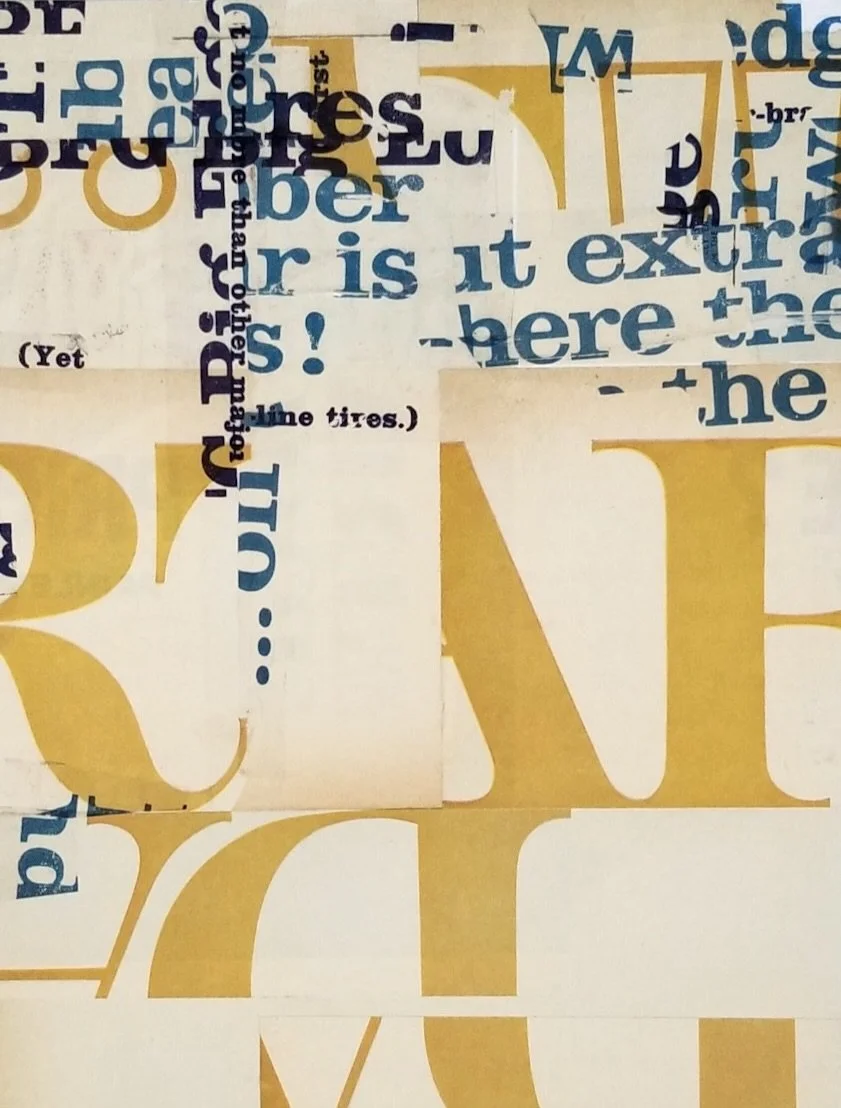 Paper collage with layered text fragments.