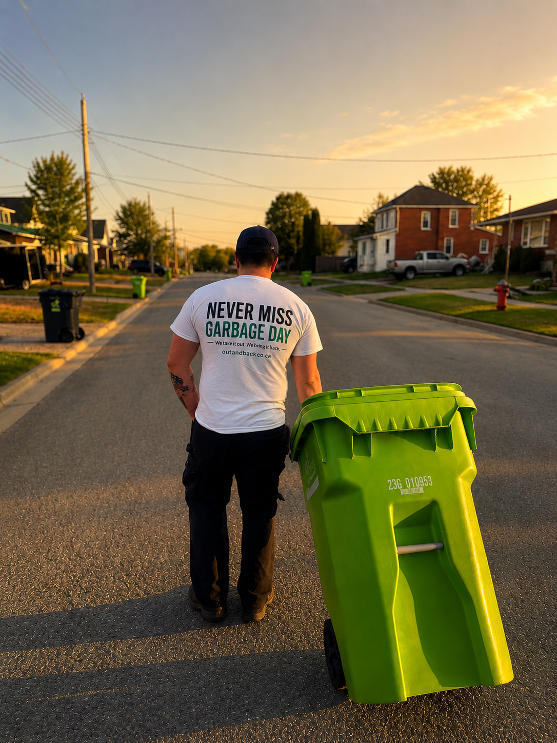 Man with a white t-shirt that says 'Never Miss Garbage Day' pushing a large green garbage bin on a residential street during sunset.