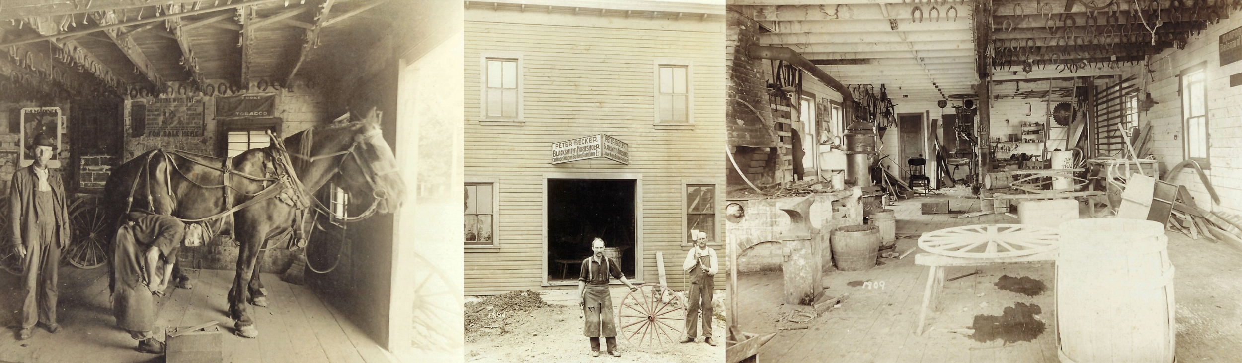 three images of Old Brookfield Village, showing the current location of the Find in it's original use - as Peter Becker's Blacksmith