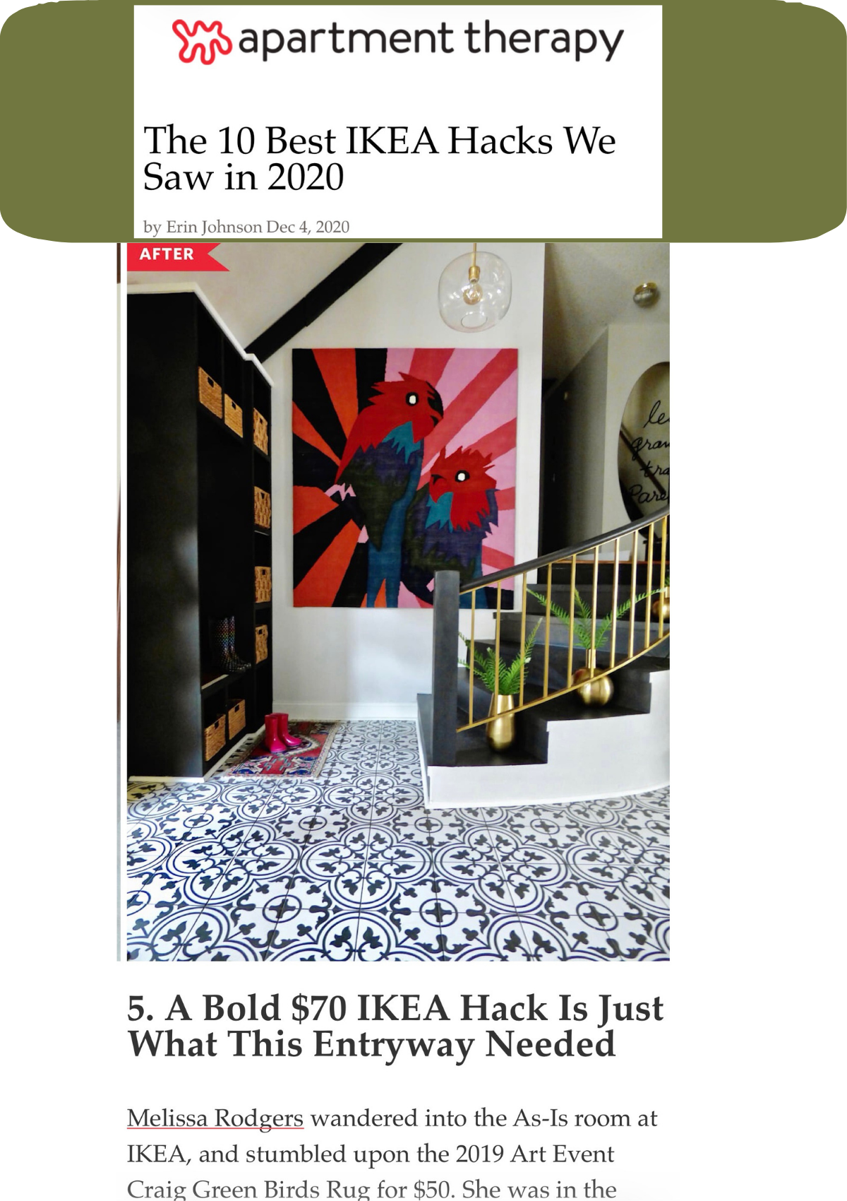 Entryway makeover featured by Apartment Therapy, showcasing a bold parrot artwork, patterned tile floor, and staircase design from an IKEA hack project by Melissa Rodgers.