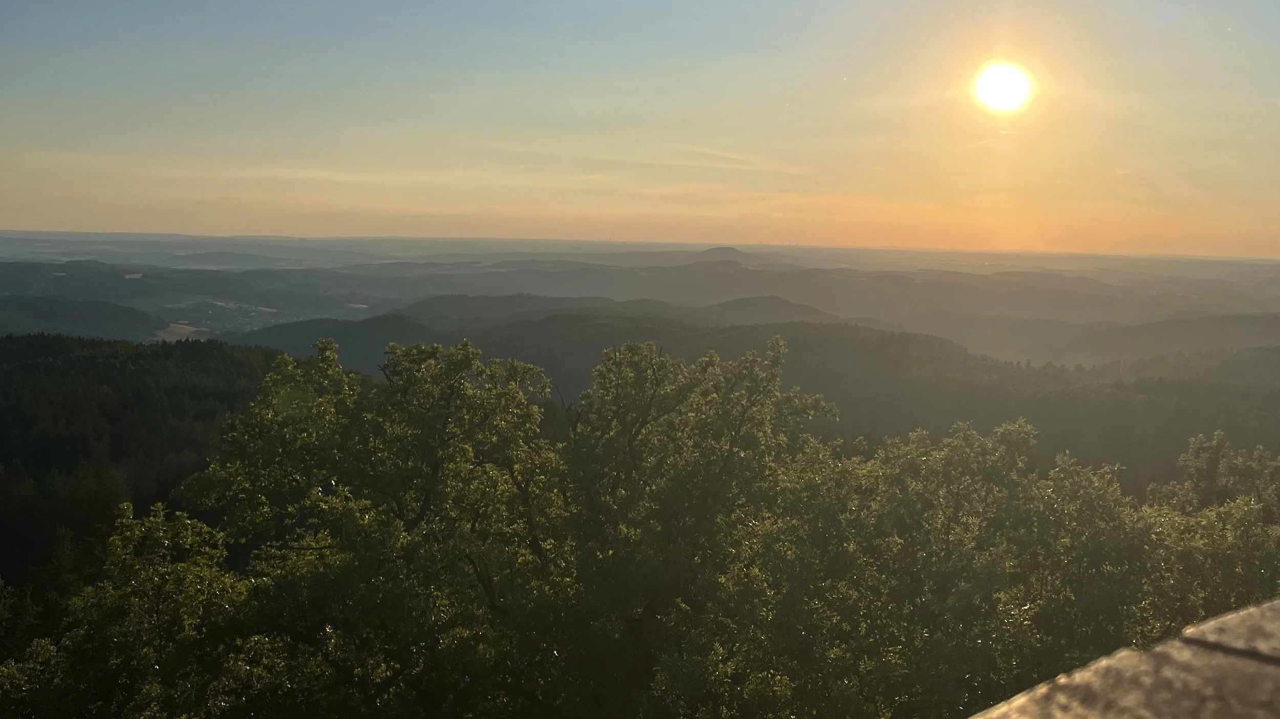 Landschaft mit Hügeln und Wäldern bei Sonnenuntergang oder Sonnenaufgang