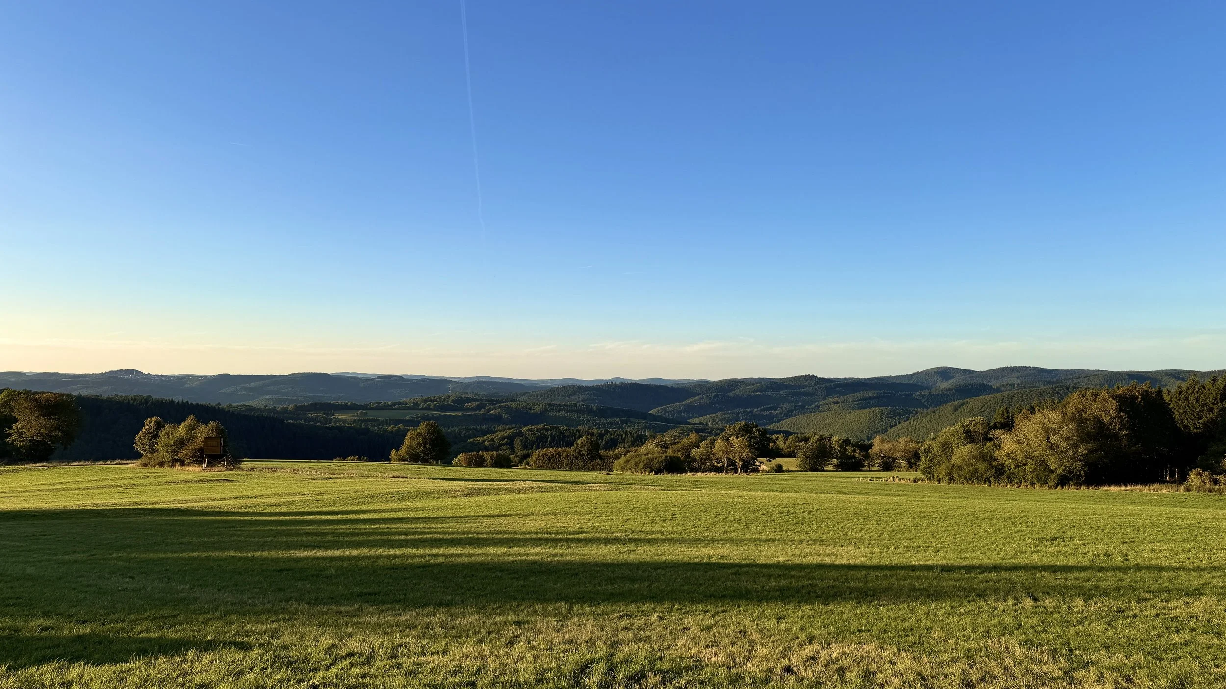 Landschaft mit grünen Wiesen, Bäumen und Bergen unter blauem Himmel bei Sonnenuntergang.