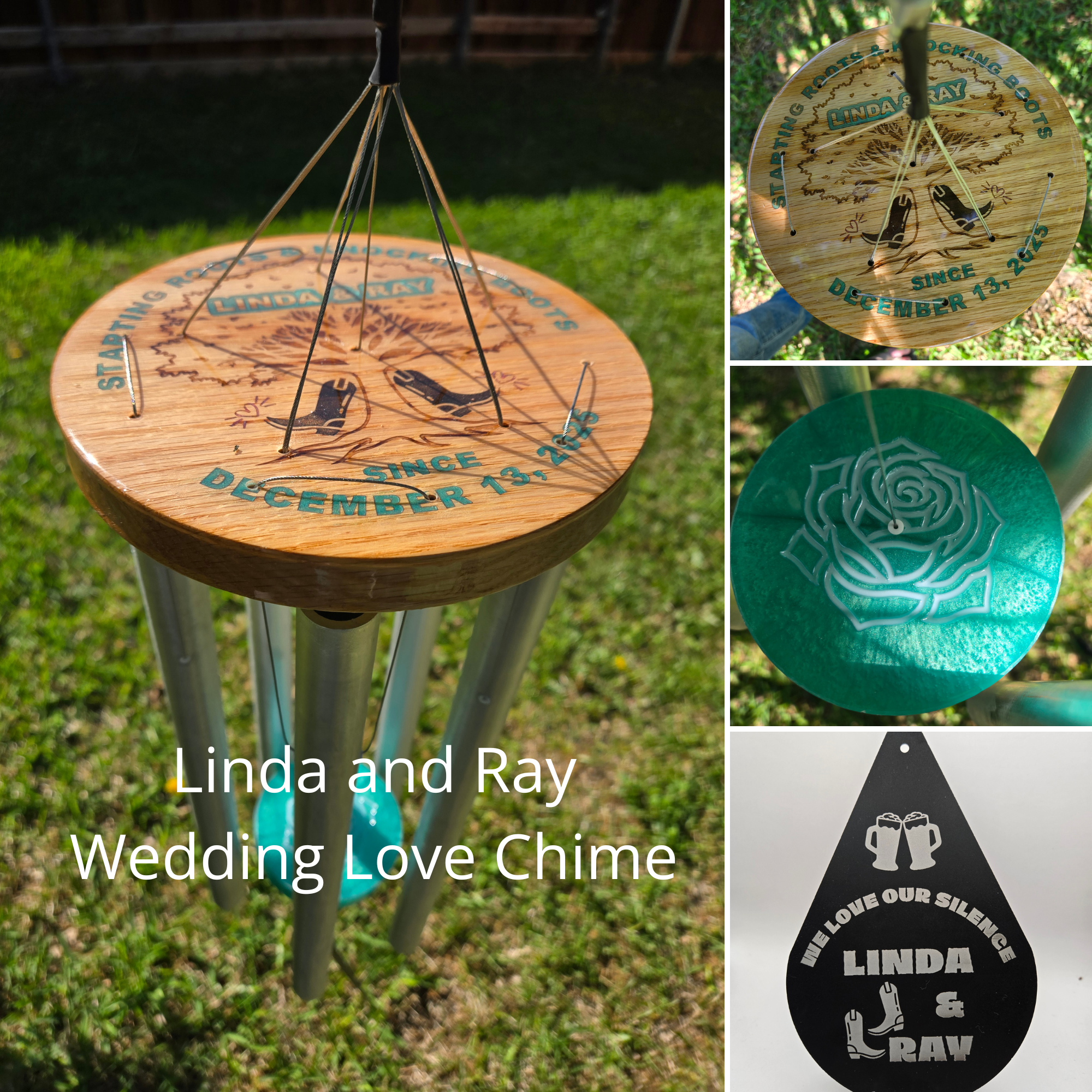 This one-of-a-kind wedding wind chime for Linda and Ray was created as a deeply personal wedding gift to celebrate their love story and the life they built together. Designed with their names, wedding date, and meaningful custom details, this handcra
