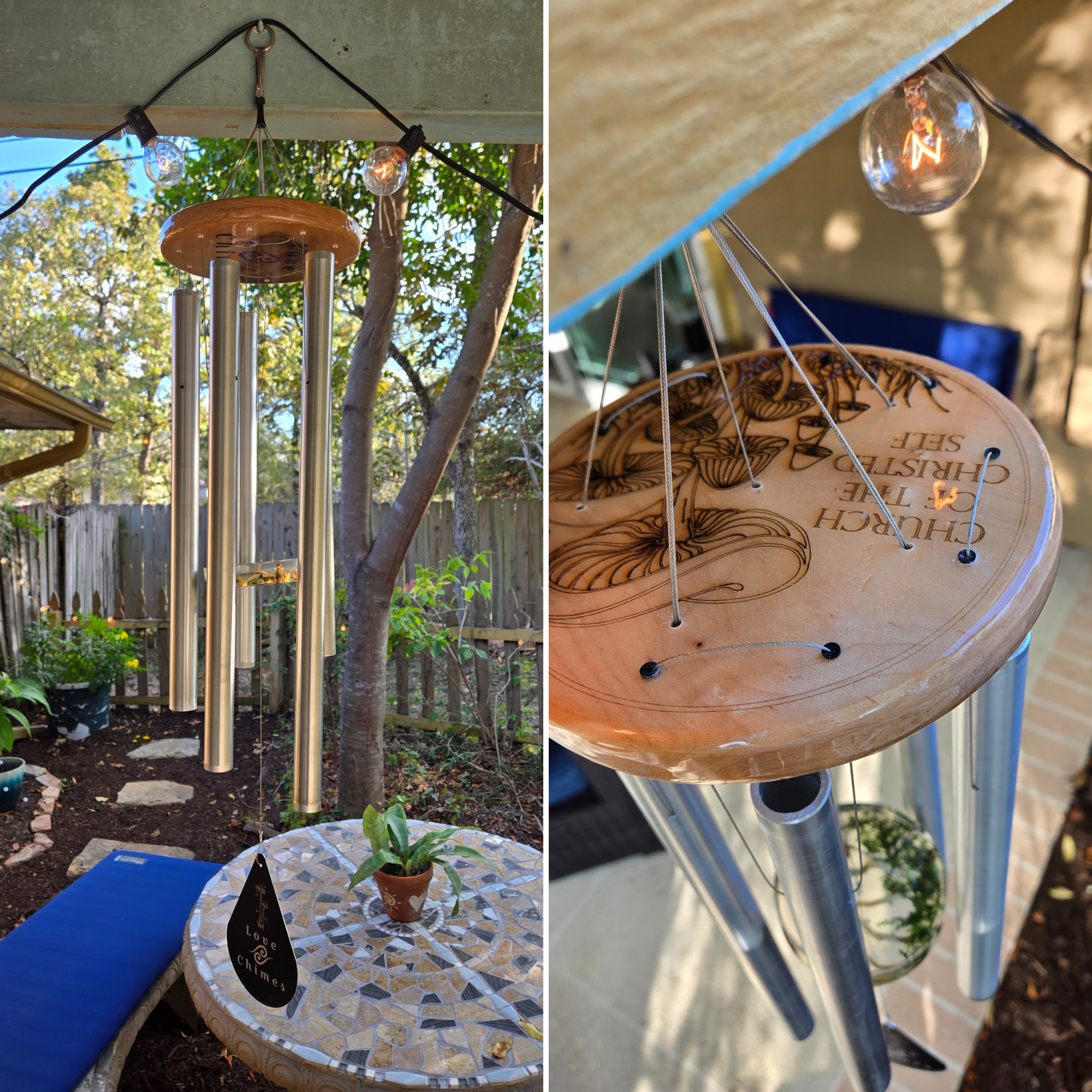 An outdoor wind chime made of metal tubes hanging from a wooden disk, with a close-up of the disk that has engraved text and a design of mushrooms, suspended in a garden setting.