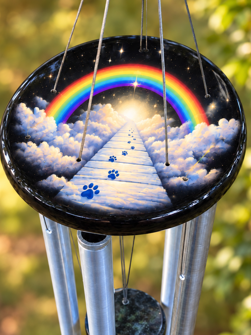 Custom pet memorial wind chime with a personalized wood topper and aluminum chimes