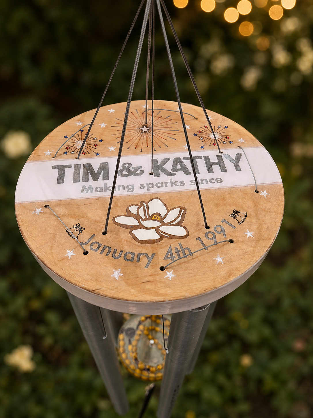 Custom anniversary wind chime created as a personalized heirloom gift