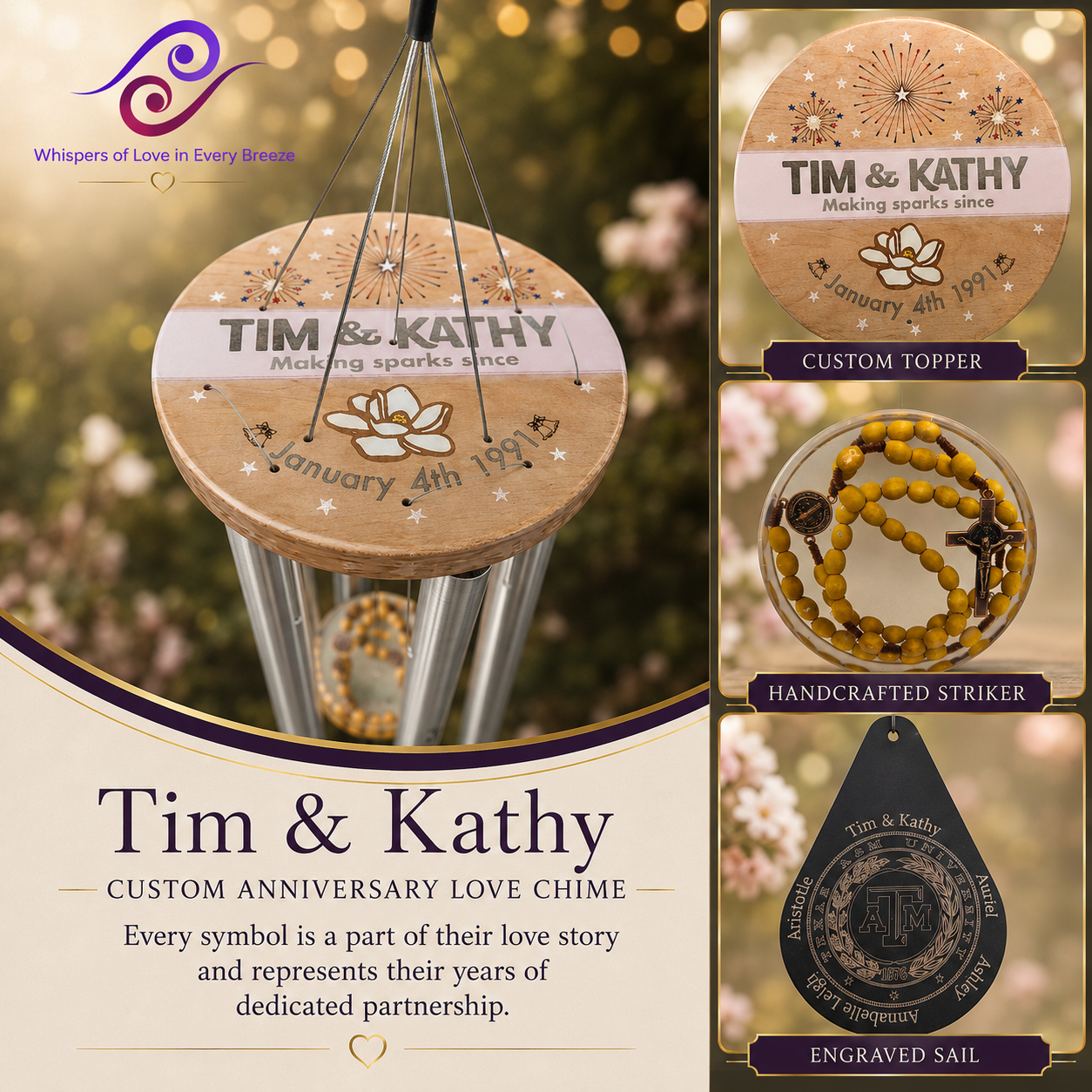 Personalized anniversary wind chime for Tim and Kathy with engraved aluminum tubes and custom striker