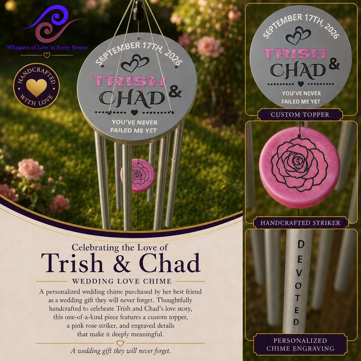Personalized wedding wind chime for Trish and Chad with a gray engraved topper and pink rose detail