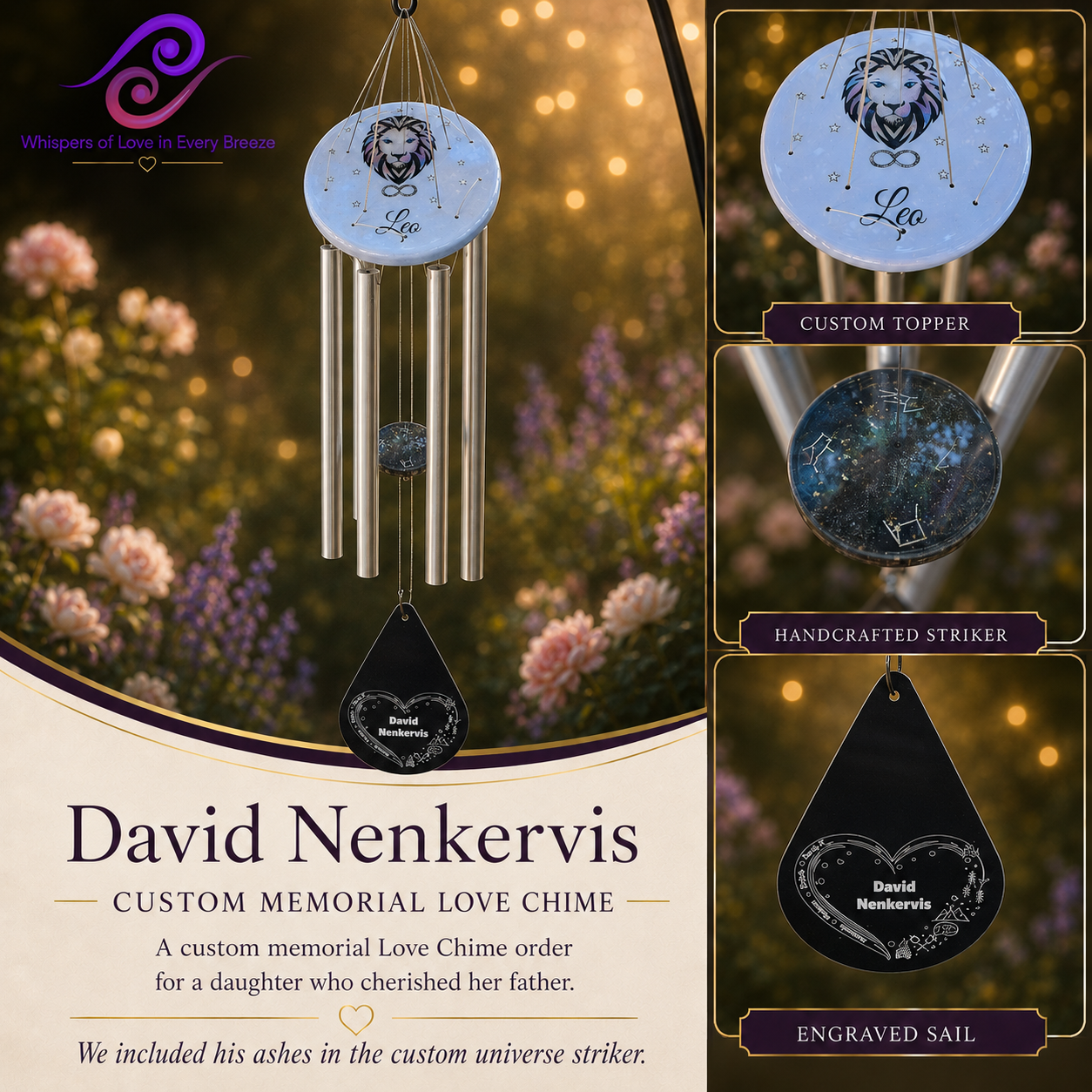 Memorial wind chime holding a loved one's ashes inside a hand-poured galaxy epoxy striker