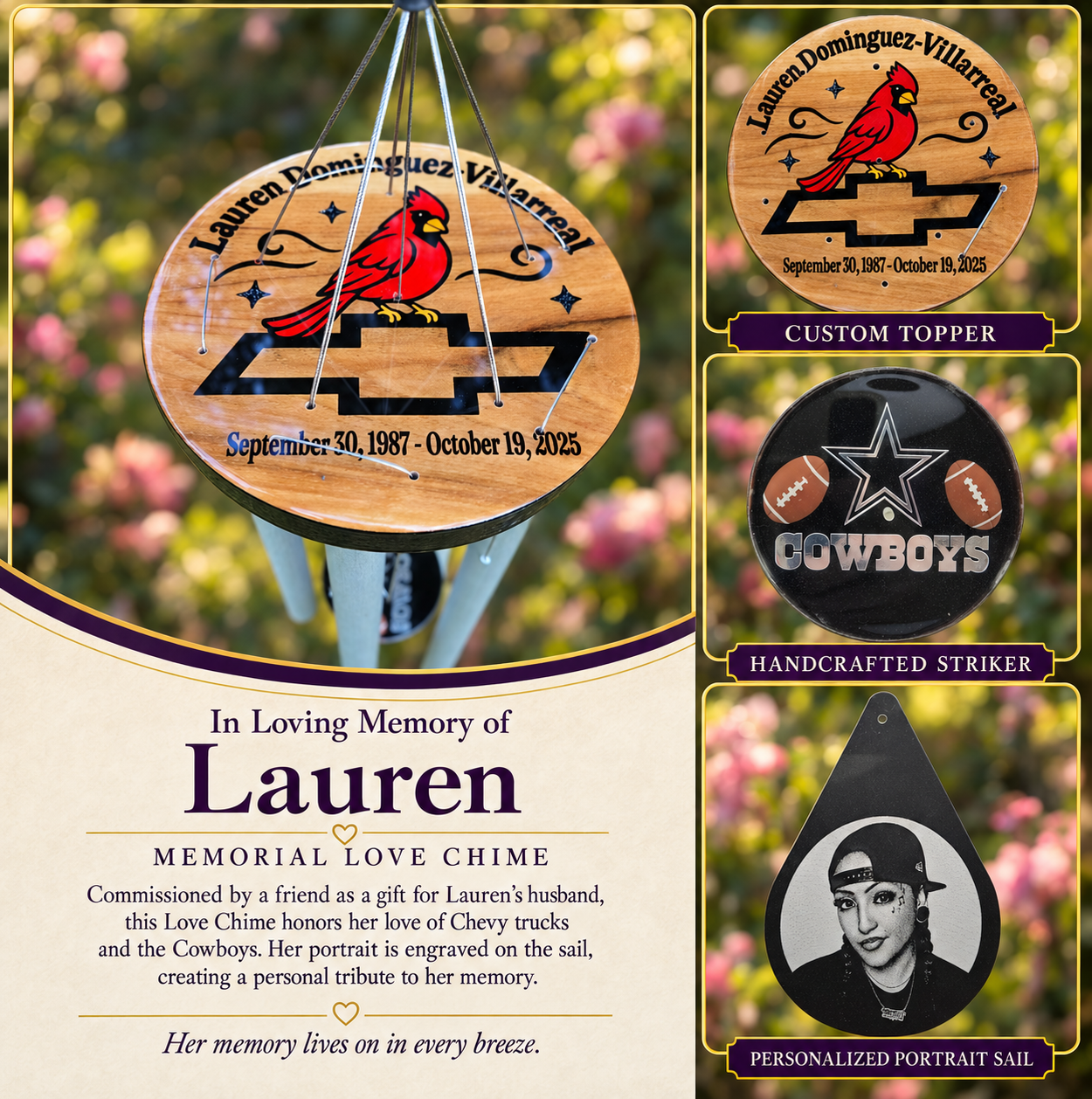 “Personalized memorial wind chime for Lauren featuring a cardinal and Chevy topper, Cowboys striker, and engraved portrait sail.”