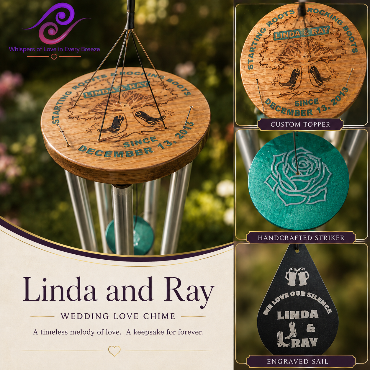 Custom wedding wind chime for Linda and Ray with a handcrafted wood topper and engraved sail