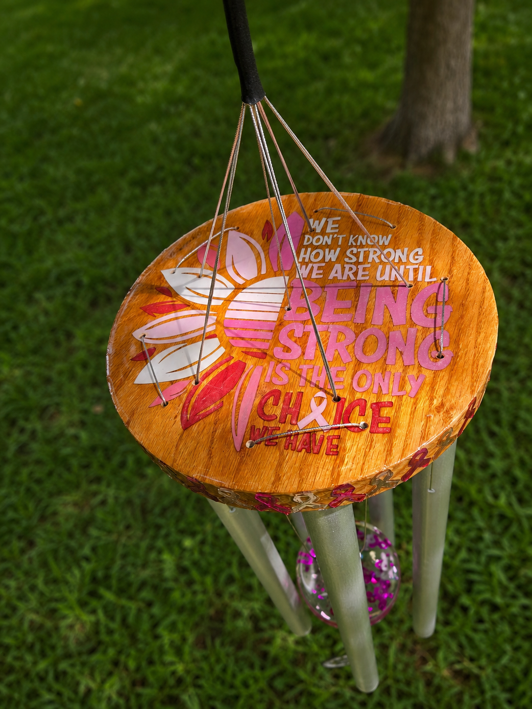 Custom Sacred Milestone wind chime with personalized wood topper and aluminum chimes