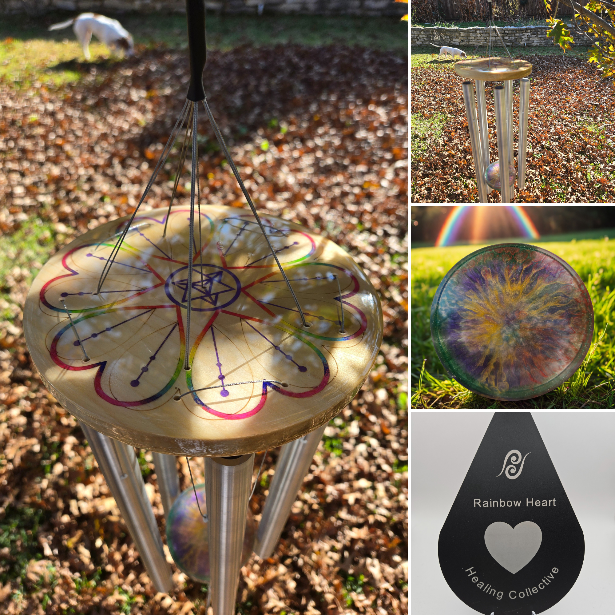 A collection of outdoor healing and meditation objects including a colorful wind chime, a painted mandala stone, a rainbow heart sign with a heart symbol, and a rainbow windmill in a yard, with a dog in the background.