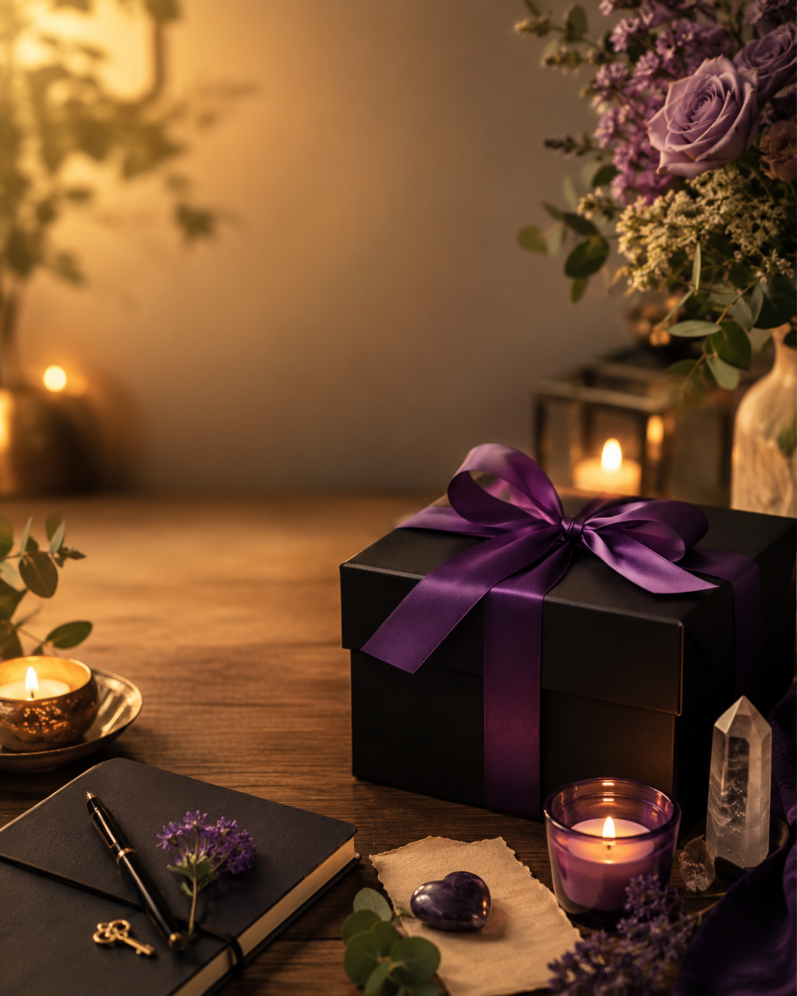 Custom sacred milestone wind chime gift image with black gift box, purple ribbon, candlelight, purple flowers, journal, crystal, and meaningful celebration setting