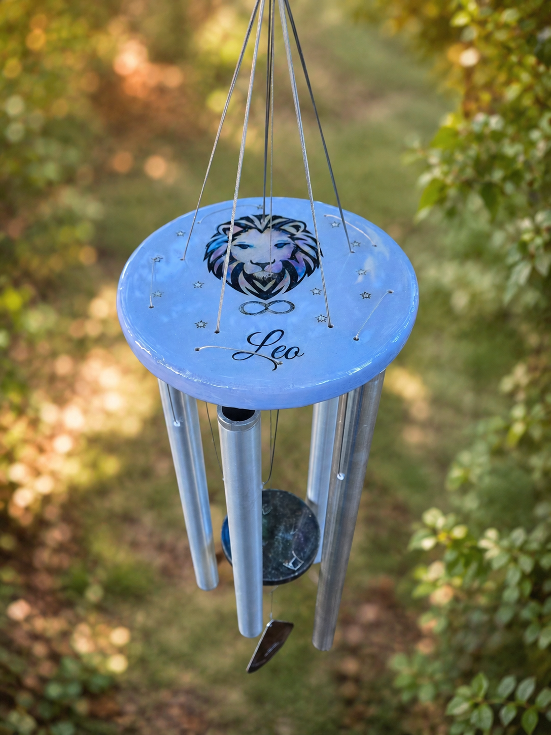 Custom memorial wind chime with personalized wood topper and aluminum chimes