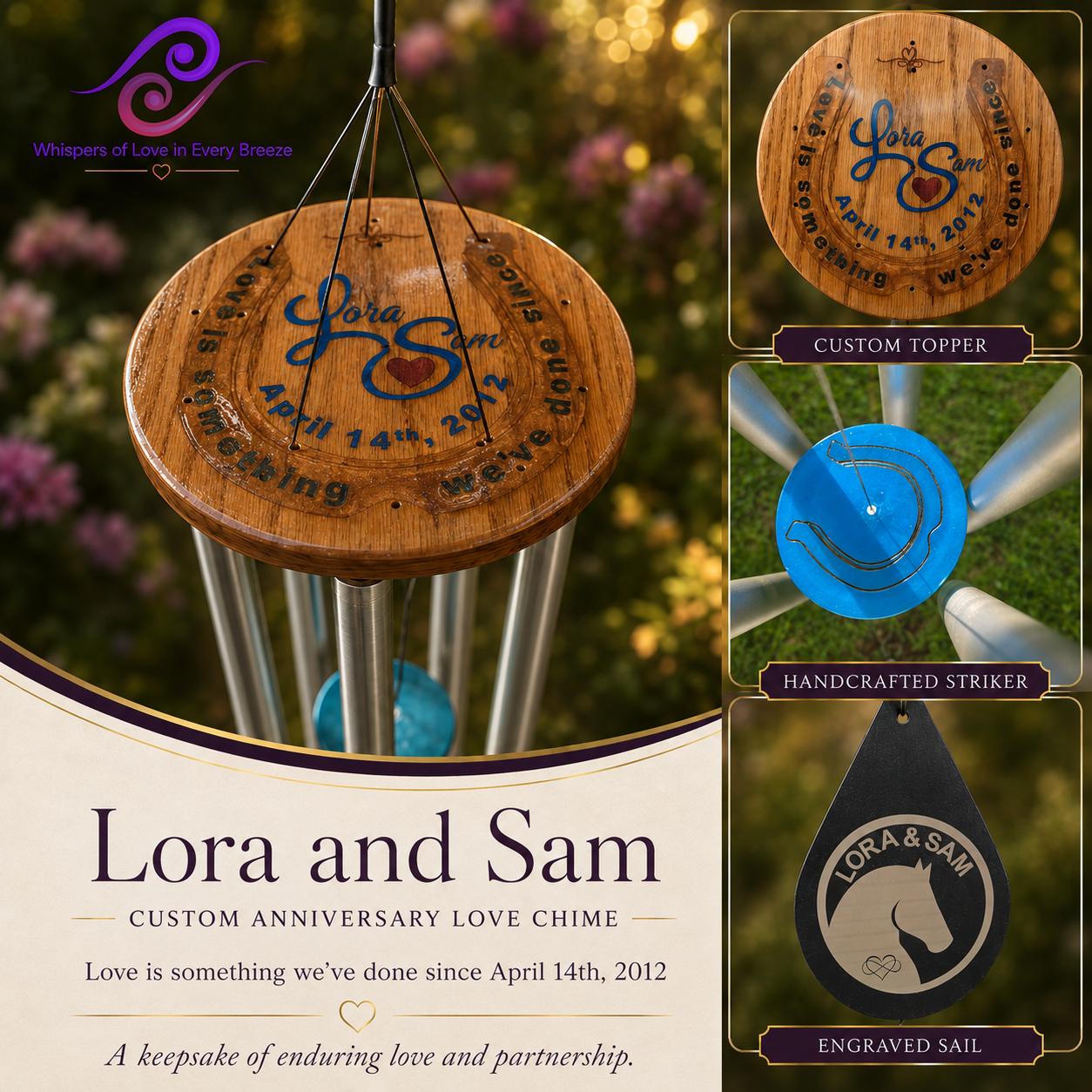 Anniversary wind chime for Lora and Sam with a horseshoe wood topper and blue epoxy striker