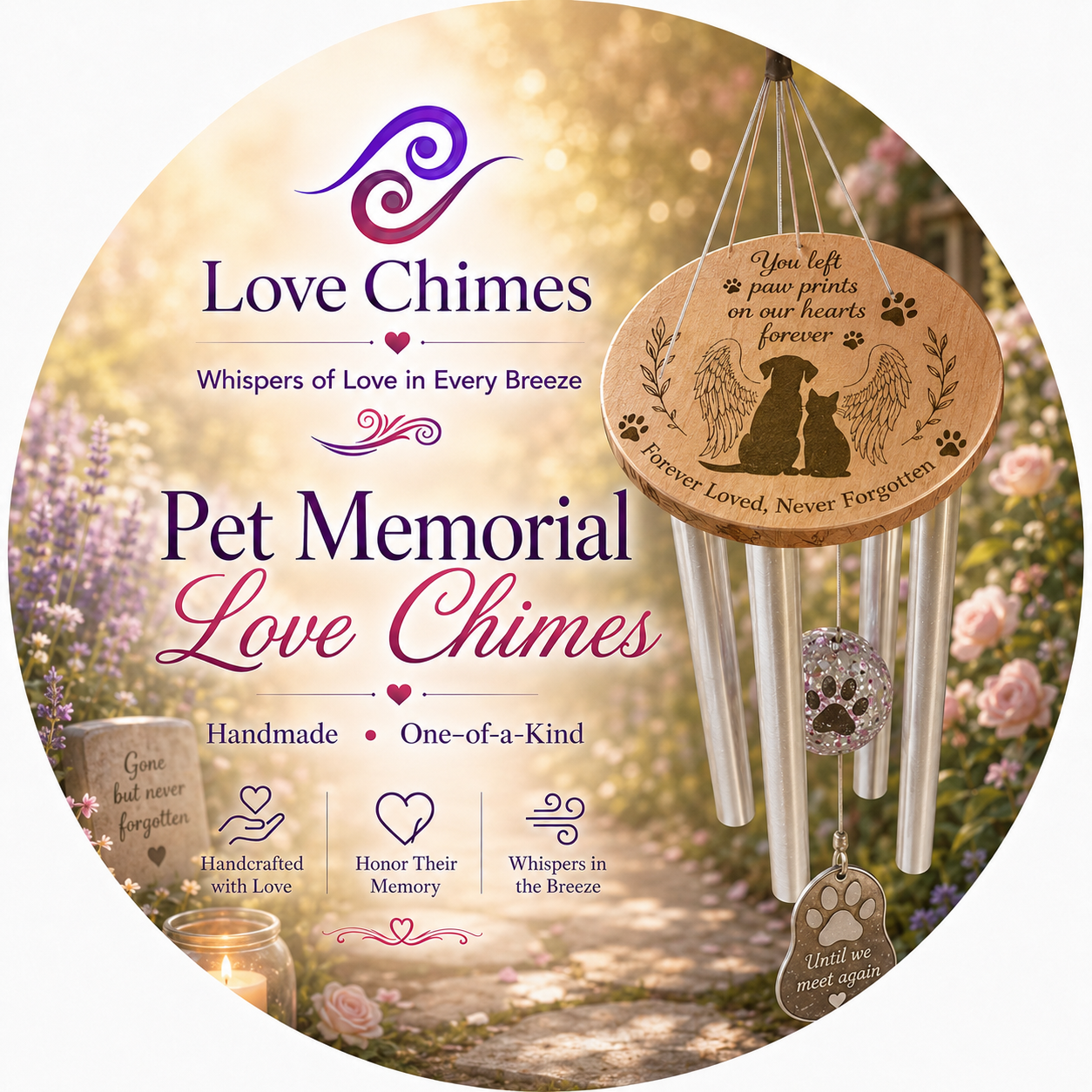Custom pet memorial wind chime with personalized wood topper and aluminum chimes
