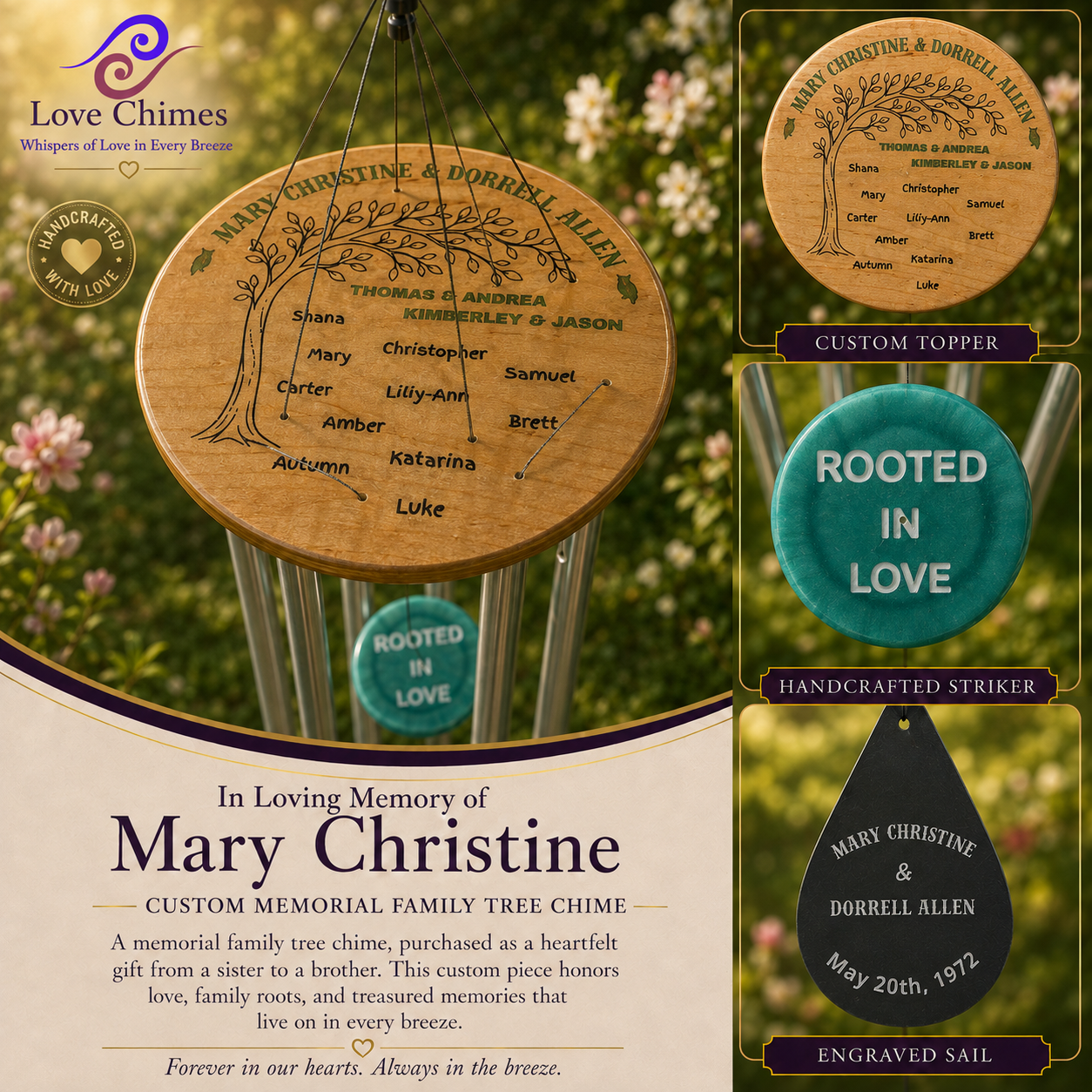 Memorial wind chime with an engraved family tree topper and “Rooted in Love” teal striker
