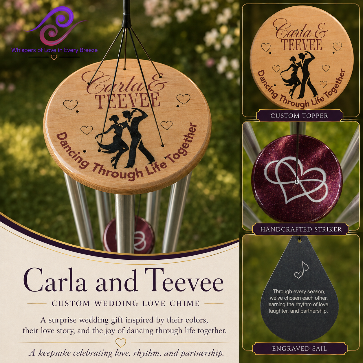 Personalized wedding wind chime for Carla and Teevee with a dancing couple topper and maroon striker
