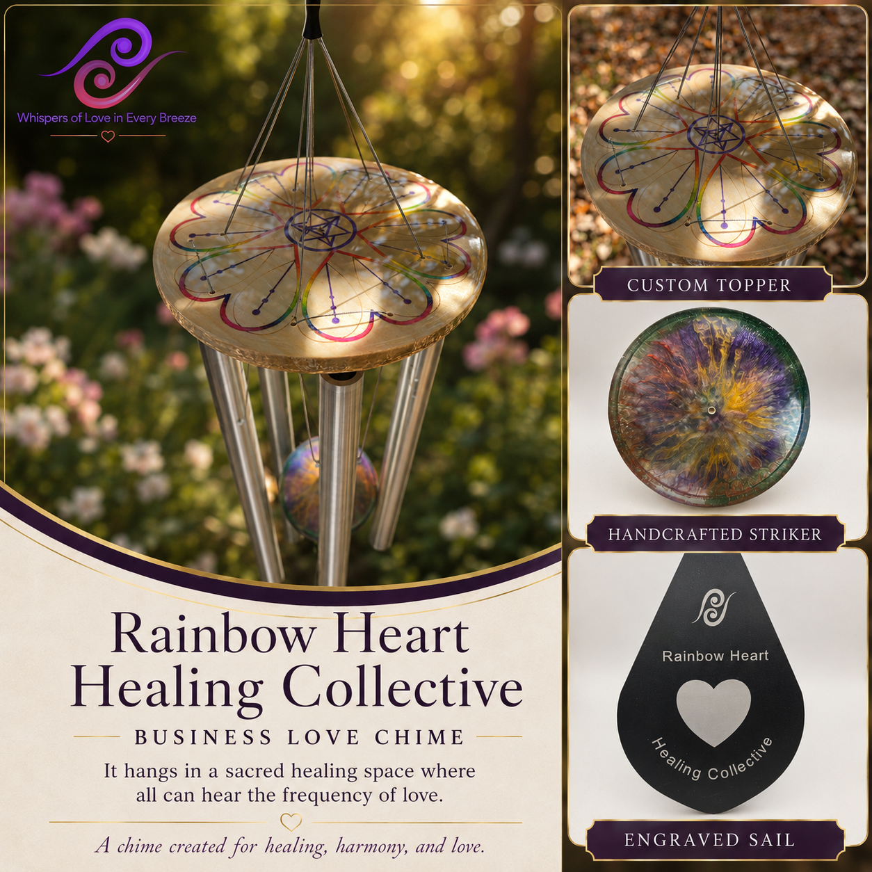 Custom business wind chime for Rainbow Heart Collective with a hand-painted logo topper