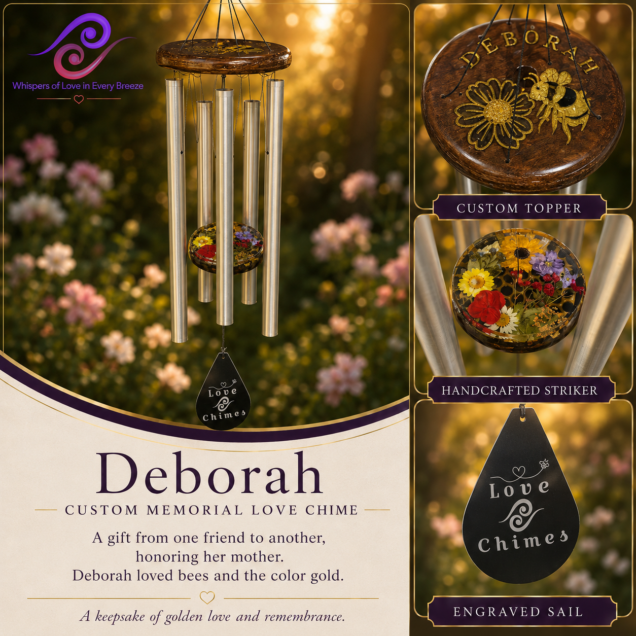 Memorial wind chime for Deborah with a gold-leafed bee topper and honeycomb epoxy striker